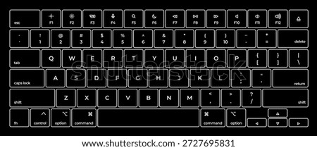 Vector illustration of modern computer laptop keyboard layout white outline on black background concept for typing coding and office work design