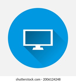Vector illustration of a modern computer monitor. Monitor with white blank screen icon on blue background. Flat image with long shadow.