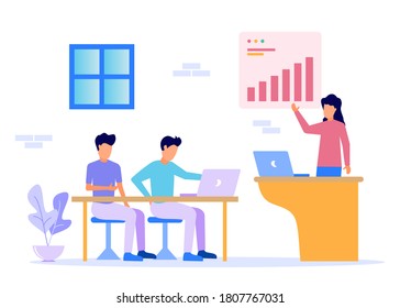 Vector illustration of a modern concept. Business woman presenting her business program to colleagues. analyze their business growth charts.