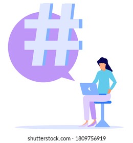 Vector illustration of modern concept, hashtag sign symbol, social media use, people giving each other support