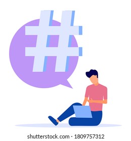 Vector illustration of modern concept, hashtag sign symbol, social media use, people giving each other support