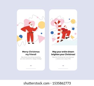 Vector illustration modern concept for website or mobile app page. Christmas screen. Santa Claus standing/ Santa Claus holding a giant sugar cane.