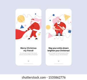 Vector illustration modern concept for website or mobile app page Christmas screen. Santa with gift bag / Santa Claus is enjoying a tea.
Merry Christmas holiday.