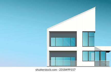 Vector illustration of modern contemporary multistory house with clean lines sharp edges balconies roof terrace big windows. Sunny day blue sky background. Real estate rental property investment