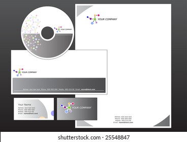 Vector illustration of modern, corporative set. Includes the design for bussiness card, letterhead, CD label and envelope.