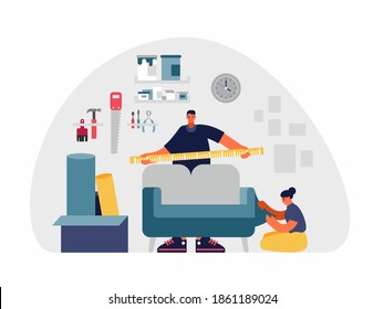 Vector illustration of modern couple measuring and upholstering comfortable armchair in workshop while preparing to relocation and renovation in new apartment