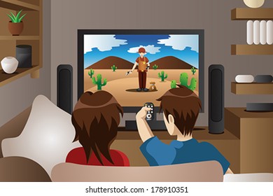 A vector illustration of modern couple watching television in the living room