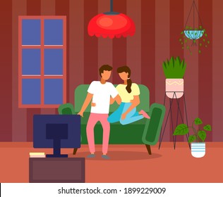 A vector illustration of modern couple watching television in the living room. Family stay at home. Man and woman sitting on the couch hugging each other in night time. Young family home evening