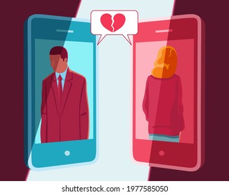 Vector illustration of a modern couple who uses smartphone to communicate to each other the end of their love. Cellular message with broken heart icon. Ray of light on two mobile phones.
