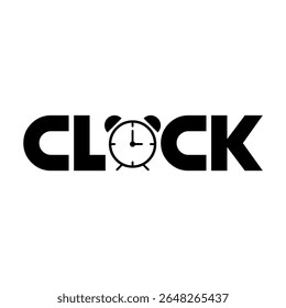 Vector illustration of a modern and creative clock design featuring bold black lettering with integrated alarm clock imagery, symbolizing timekeeping, schedules, and minimalist typography design.
