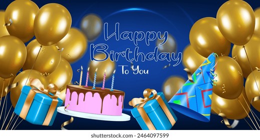 Ilustración vectorial moderna y creativa celebración de cumpleaños feliz Anuncio y Plantilla de diseño de tarjeta. globos dorados brillantes, torta de cumpleaños, cajas de regalo y sombrero de fiesta volando sobre el fondo azul oscuro.