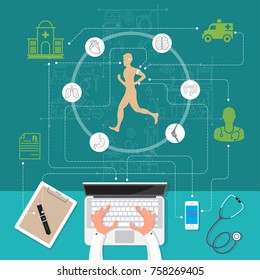 Vector illustration modern creative health infographics design on modern high tech devices using in run showing man tracking his health condition with watch, mobile application and computer services c