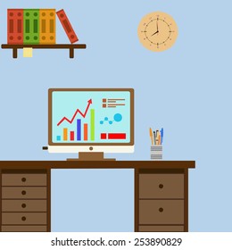 vector illustration of modern creative office workspace with computer. The office of a creative worker.minimalistic style and color.