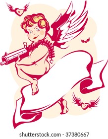 Vector illustration of a modern cupid with a machine gun, banner and hearts with wings. Symbol of St. Valentine's Day.