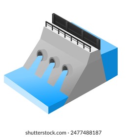 Vector illustration of a modern dam with three water discharge channels in isometric view. Minimal design style, perfect for hydroelectric power, engineering, infrastructure, and environmental project