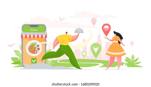 Imagen vectorial del repartidor moderno que lleva delicioso plato de restaurante a la clienta femenina que pide comida a través de una aplicación en línea en el smartphone