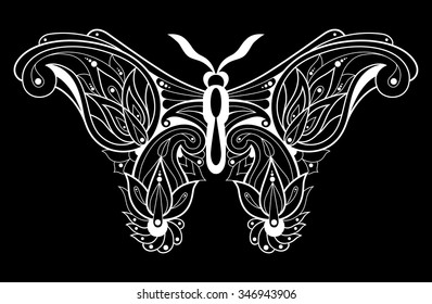 Vector illustration of a modern design mono line. White butterfly on a black background. Designed for printing on gift items, clothes, covers, postcards.
