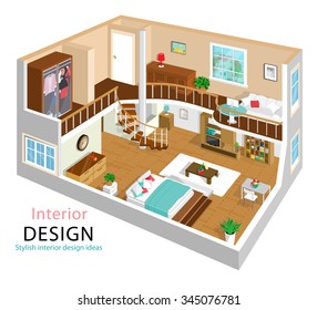 A vector illustration of a modern detailed isometric apartment interior design. 3d Isometric room interiors. Two story house with stairway.