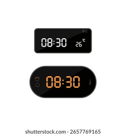 Vector illustration of a modern digital clock UI in minimal flat style, featuring time display 08:30 (eight thirty) for educational materials about telling time and daily routines