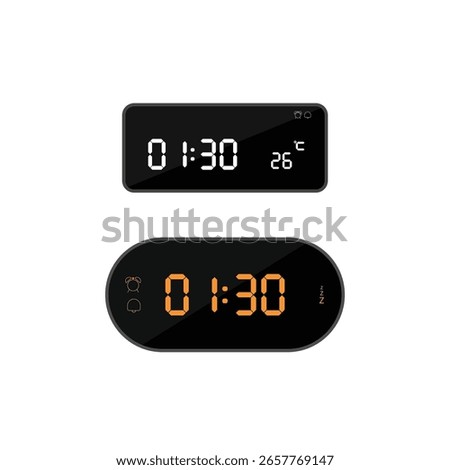 Vector illustration of a modern digital clock UI in minimal flat style, featuring time display 01:30 (one thirty) with additional icons for temperature
