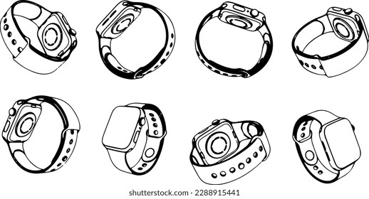 Vector illustration of modern digital watch
3D digital watch model with multiple angles
Silhouette set of digital wristwatches