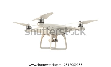 Vector illustration of a modern drone with four propellers and camera, designed in a sleek, minimalist style. Ideal for technology, aerial photography, and innovation concepts. Drone 3d cartoon