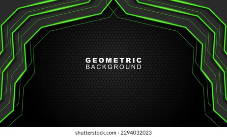 Vector illustration of a modern dynamic green and black abstract banner background with a frame and hexagon pattern. black steel futuristic background