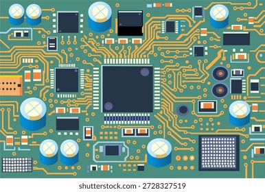 Ilustração vetorial de uma placa de circuito eletrônico moderna com microchips e componentes. Conceito tecnológico representando computação, hardware e sistemas digitais.