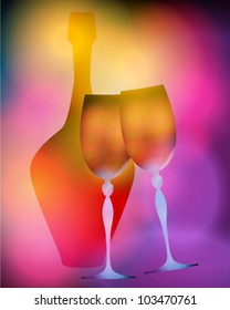 Vector illustration of modern, elegant, glittering champagne bottle and glasses