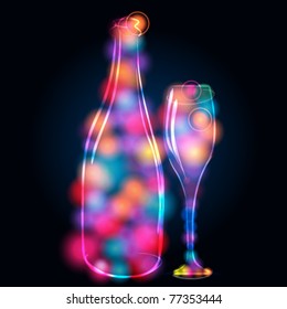 Vector illustration of modern, elegant, glittering champagne bottle and glass