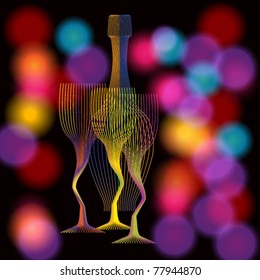 Vector illustration of modern, elegant, glittering champagne bottle and glasses