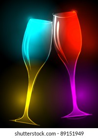 Vector illustration of modern, elegant, glittering champagne glasses made of neon light