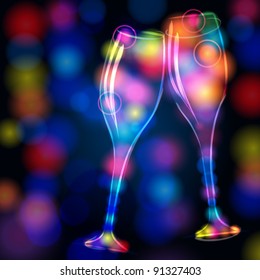 Vector illustration of modern, elegant, glittering champagne glasses made of neon light