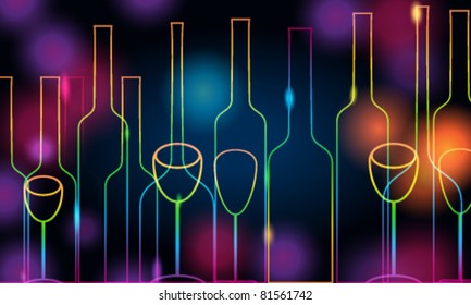 Vector illustration of modern, elegant glowing bottles and glasses on glittering background