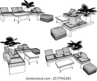 vector illustration of modern ethnic traditional living room sofa table chair design