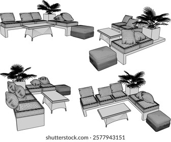 vector illustration of modern ethnic traditional living room sofa table chair design