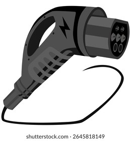 Vector illustration of a modern EV charging plug with cable, isolated on white background. Ideal for clean energy, transport, and future mobility themes.