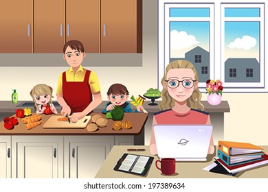 A vector illustration of of a modern family which dad prepares the dinner with his children while mom is working