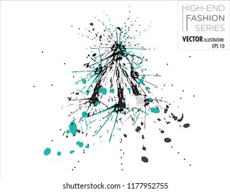 Vector illustration of a Modern fashion model sketch with teal and black dress made with black dandelions and teal splashes of paint and ink 