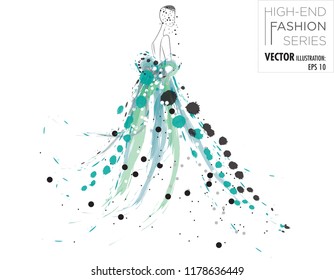 Vector illustration of a Modern fashion model bride sketch of a teal, blue and black ribbon stroke dress with blue and black splashes of paint and ink showing a beautiful bow at the back of dress