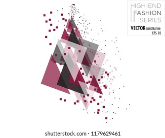 Vector illustration of a Modern fashion model wearing a red, burgundy and black triangle geometric dress that are transparent and overlap other elements with burgundy squares and black dots scattered 