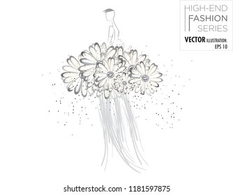 Vector illustration of a Modern fashion model wearing white daisies on her dress with grey confetti falling around her.