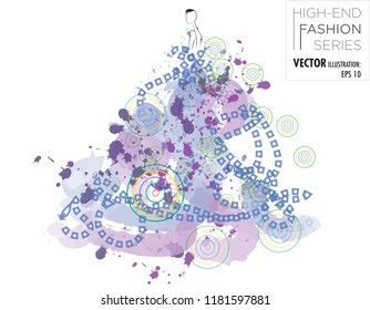 Vector illustration of a Modern fashion model wearing a purple, violet, blue and black paint stroke dress with purple and black splashes of paint and ink textures