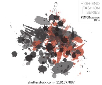 Vector illustration of a Modern fashion model wearing a red and black paint splatter dress with red and black splashes of paint and ink