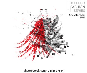 Vector illustration Modern fashion twin models wearing a red and black paint stroke dress with light red and black splashes of paint and ink