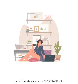 Vector illustration of modern female with cup of hot beverage sitting on floor and browsing social media on laptop in cozy room at home