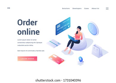 Ilustración vectorial de las mujeres modernas que usan laptops para pedir artículos y pagar por compras en línea casi descripción. Banner web isométrico, plantilla de página de inicio