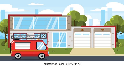 Vector illustration of a modern fire department. Cartoon urban buildings with parked fire engines, trees and a city in the background.