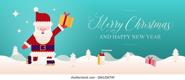 Vektorgrafik Moderner Flat des fröhlichen Schlittschuhlaufen Weihnachtsmann mit Geschenk auf der schneebedeckten Landschaft. Fröhliche Weihnachten und glückliches neues Jahr Web-Banner. Grußkartenkonzept.