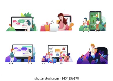 Vector illustration. Modern vector illustration flat concepts decorated people character. Set of social media marketing,  travel, online shopping, business project. 